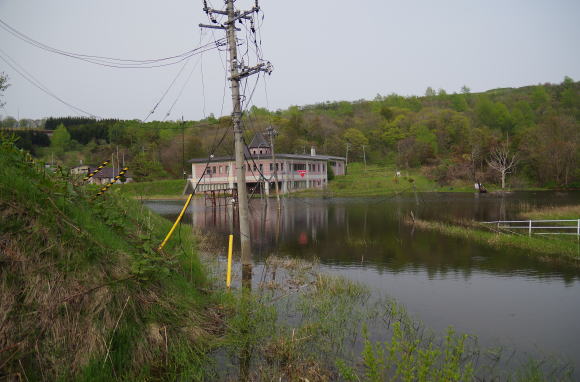 電柱も家も池の中